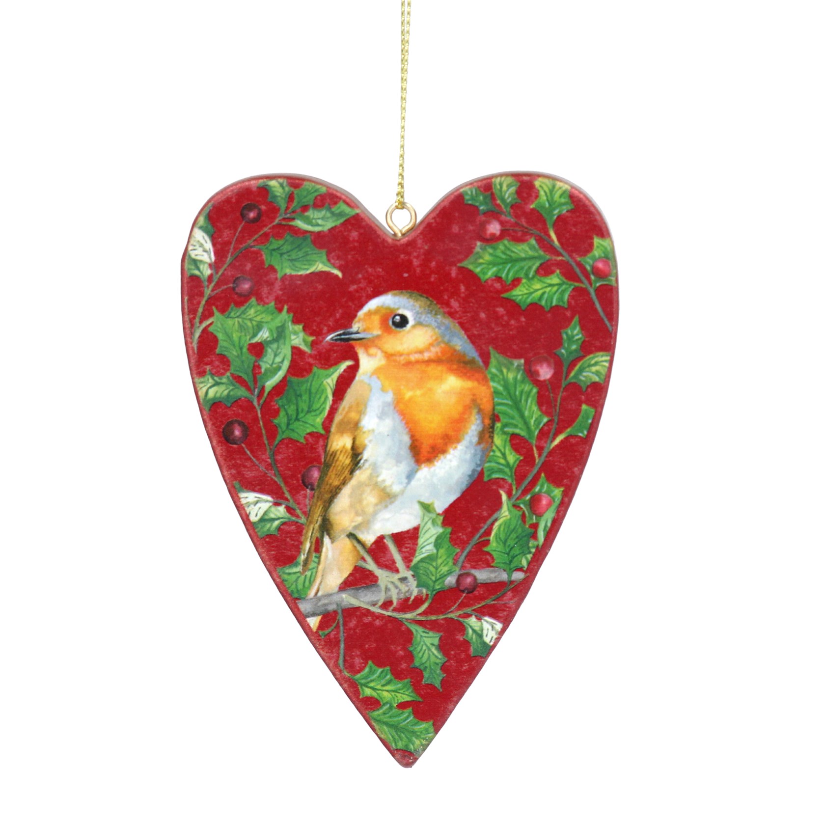 Red wooden heart Christmas hanging decoration with Robin and berries design. By London designer Gisela Graham. The perfect festive addition to your home.